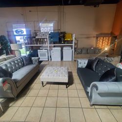 2pc Grey Sofa And Loveseat With Rhinestones And Studs 