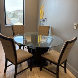 Round Glass Dining Table w/ 4 Chairs – Wood Base