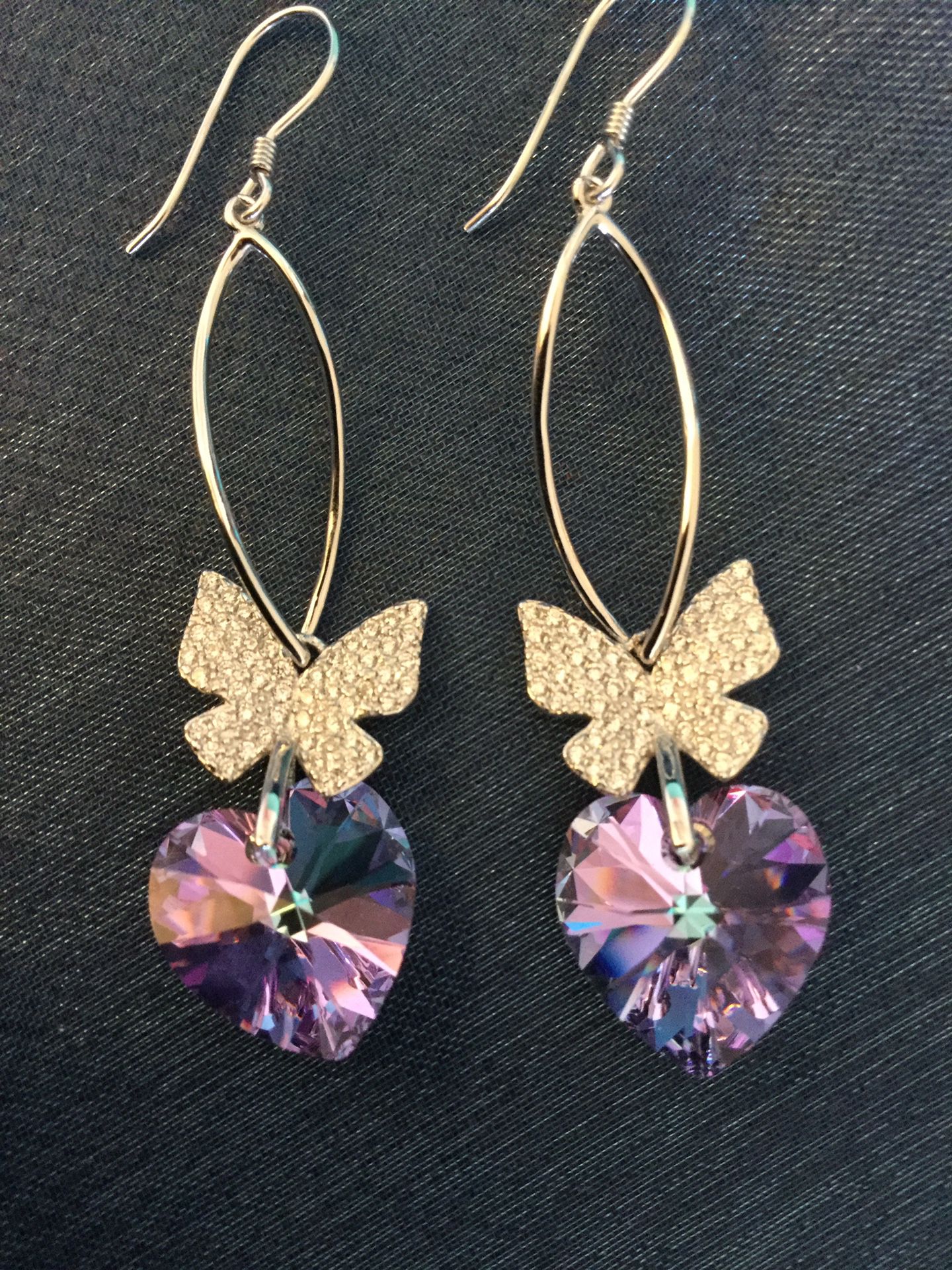 Lovely Sterling Silver Butterly & Amethyst gemstone heart earrings 🦋 Swarovski Crystal Hearts purple gemstone 💜 🦋 💜