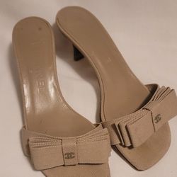 Chanel Ribbon Mules Beige Heels With Bow Size 35