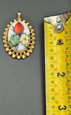 Vintage Gold-Tone Floral Porcelain Pendant