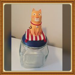 Whimsical 10" Glass Cat Cookie Storage Jar Candle Jar Topper