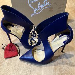 Christian Louboutin Ankle Strap Heels Pointed Toe Dark Navy Blue Suede Size 9