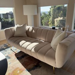 Light Pink Velvet Couch Mid century Modern