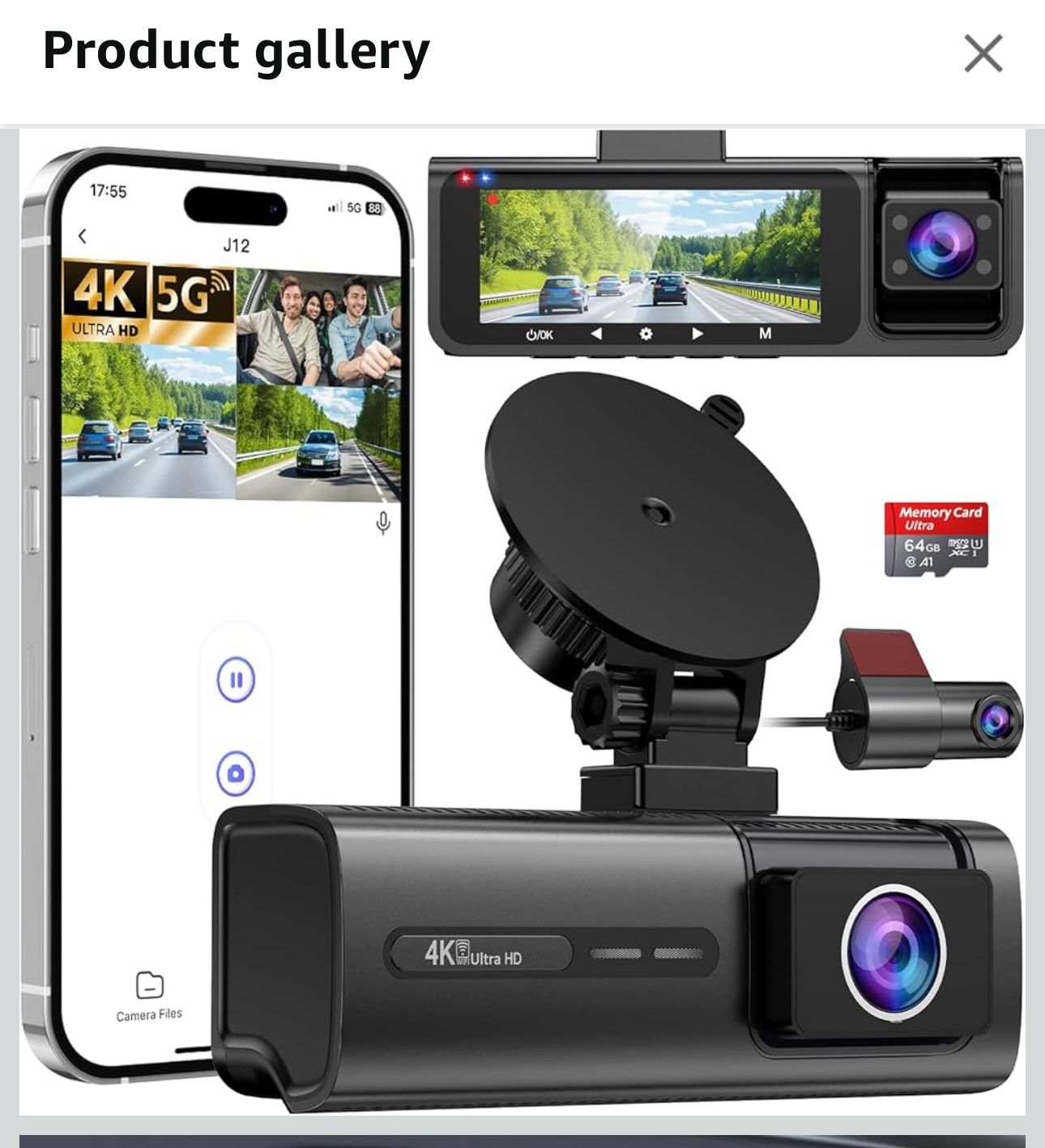 3 Channel 5G WiFi Dash Cam, 4K+1080P+1080P Dash Cam Front and Rear Inside with 64GB Card