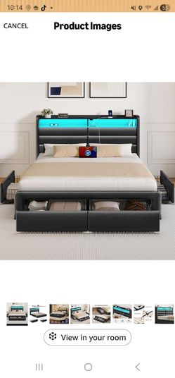 Seventable Full Size Bed Frame with 4 Storage Drawers & Charging Station, Upholstered Platform Bed with Storage Headboard and LED Light, No Box Spring