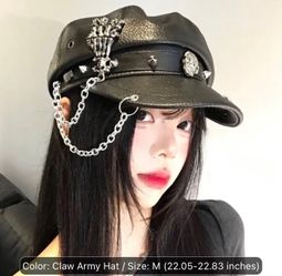 Black Faux Leather Punk Army Cap with Chain
