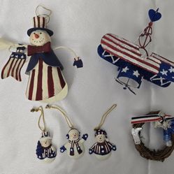 6 Vintage Patriotic Christmas  Ornaments 2-6" Plane Snowman Wreath USA