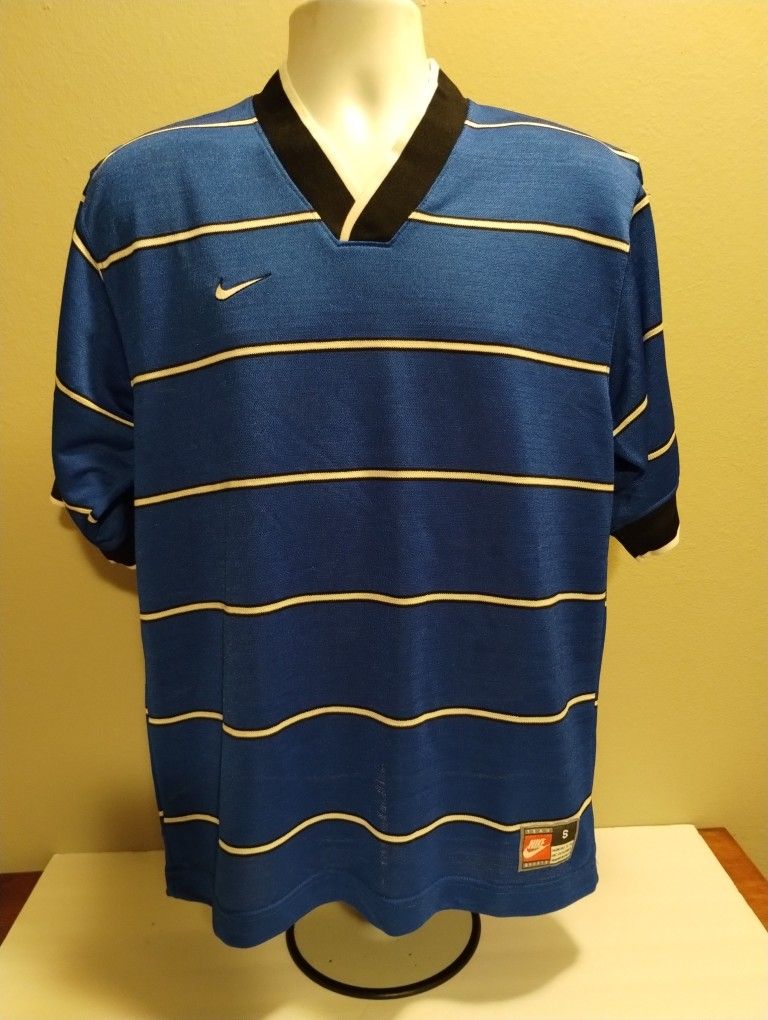 Nike Vintage 90's #11 Soccer Jersey Oversized Blue Striped V-Neck Made USA Small.