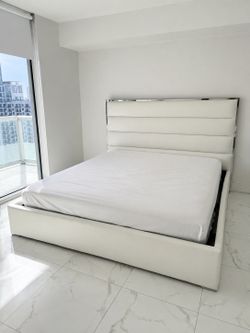 Modern White King Platform Bed Frame with Upholstered Headboard