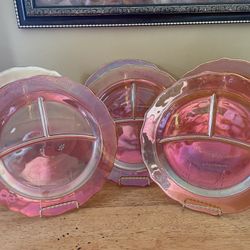 Vtg Iridescent Carnival Glass Divided 11" Plates Federal Rose Garden Amber