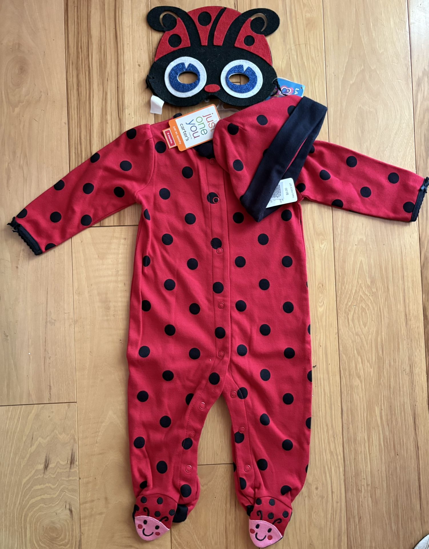 Halloween - New - Vintage - Lady Bug - One-Piece with Cap - Baby Size 6 Months - Includes Lady Bug Mask