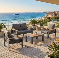 4-Piece Aluminum Patio Furniture Conversation Seating Set with Gray Cushions and Table
