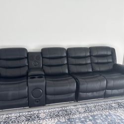 Leather Black Sofa With Bluetooth Speakers