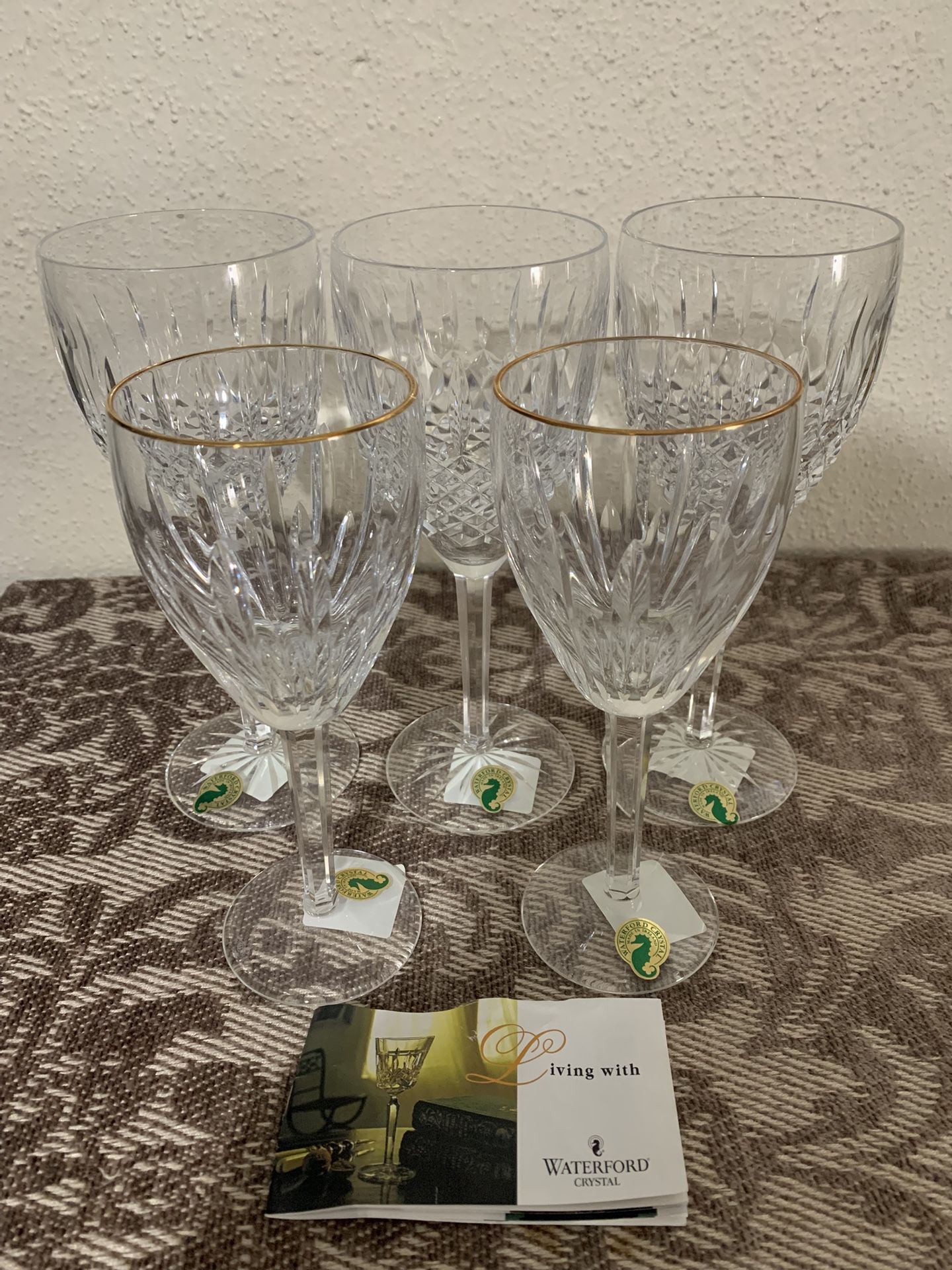 Set Of 5 Waterford Crystal Golden Rim Carina  Tall Wine Goblet , New