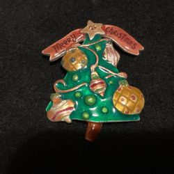 Goldtone Christmas Tree Brooch With Crystal 