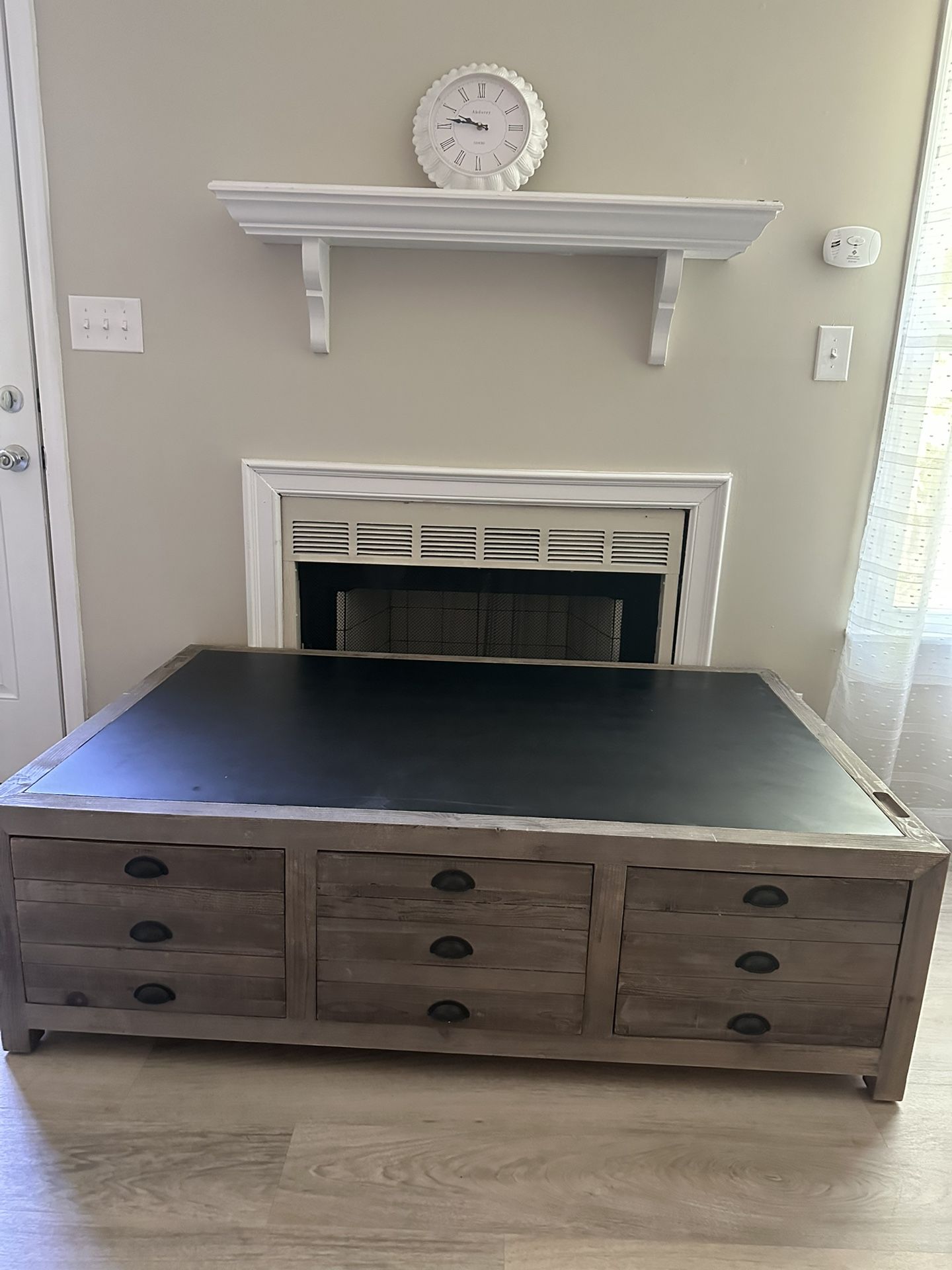 Wood Table With Three Drawers And Chalkboard On Top