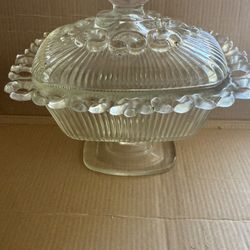 Vintage Indiana Glass Pedestal Lidded Compote Candy Dish Laced Edge