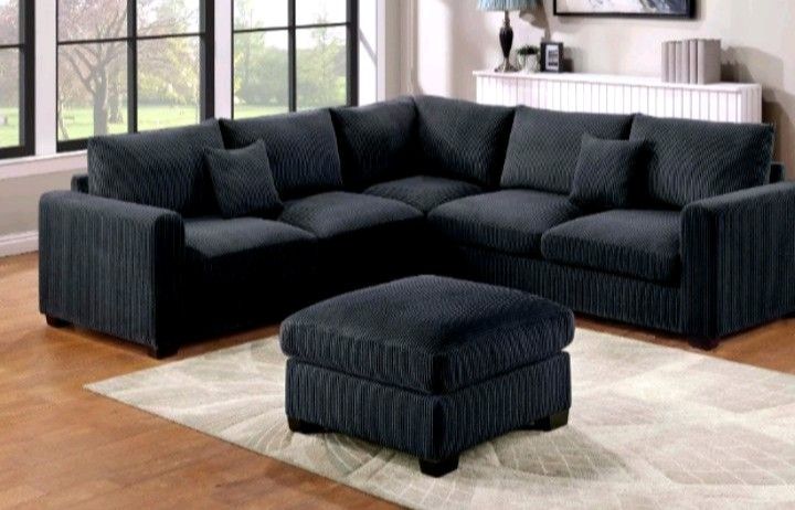 Black Corduroy Sectional Sofa With Ottoman ✅ $475 No Tax