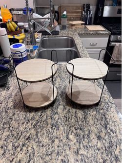 Set of 2 Two-Tier Wood & Black Metal Countertop Stands – 10” x 8”