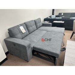 95"W Gray Woven Fabric Reversible Sleeper Sectional Sofa with Storage Chaise Cup Holder Charging Ports and Pockets