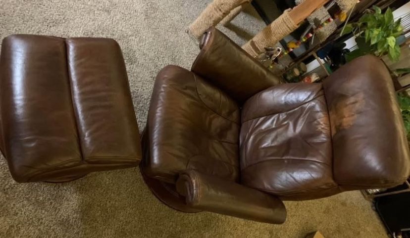 Leather Recliner & Ottoman Set – Real Leather, Great Comfort – $125