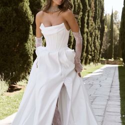 Azazie Katalina Diamond White Ball Gown Strapless Satin Dress