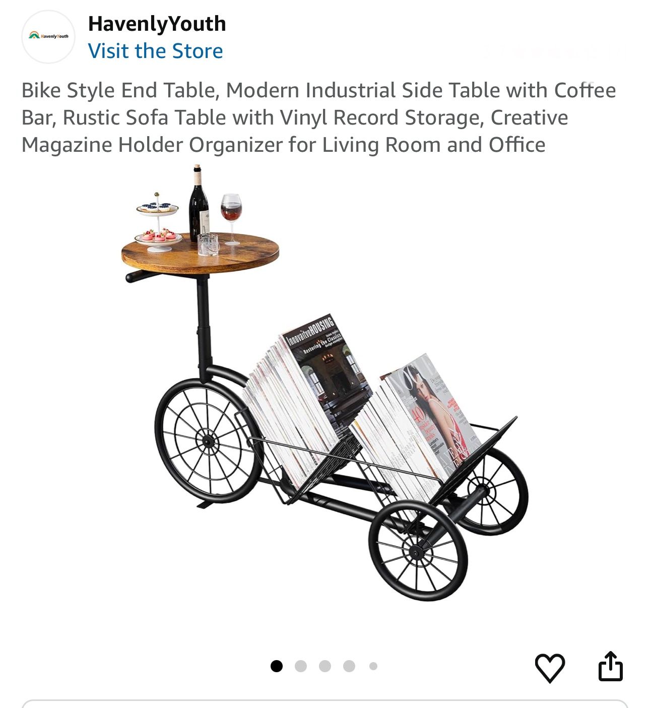 Fully Assembled Bike Style End Table, Black Iron and Wood Table