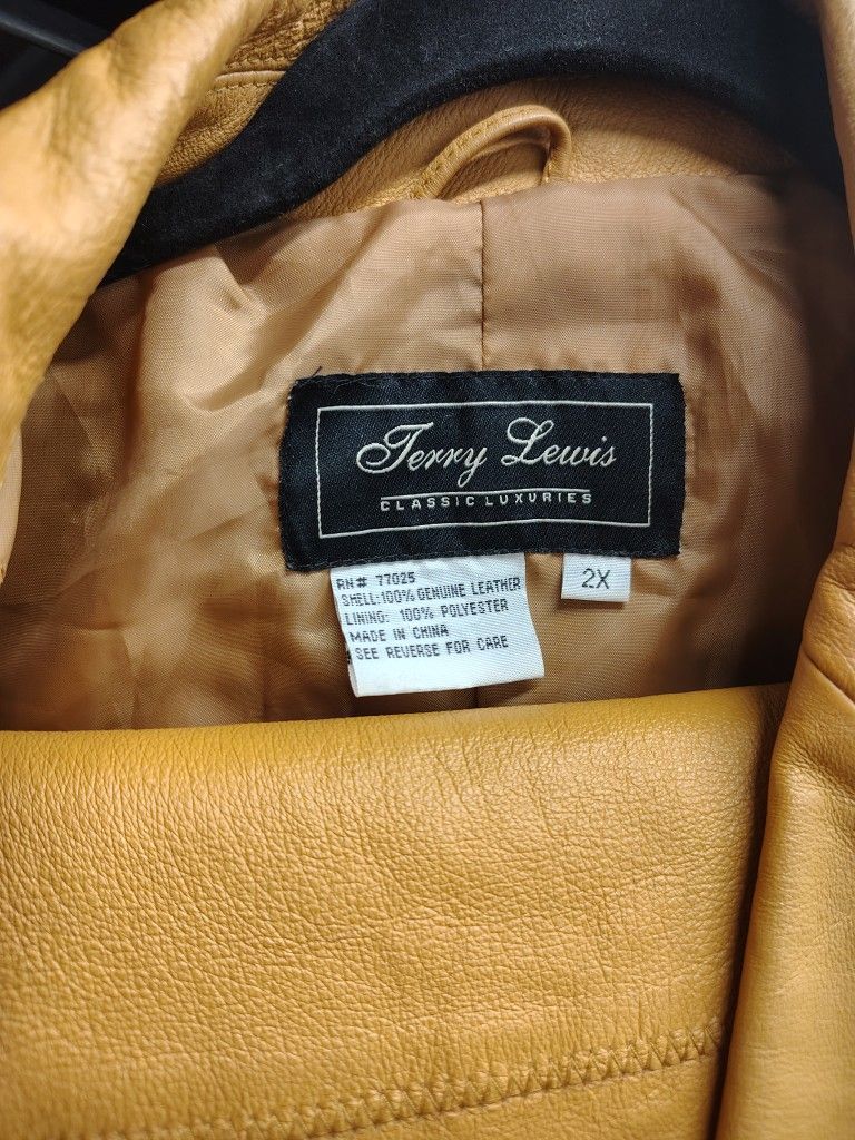 Jerry Lewis 100% Genuine Leather Jacket Women’s 2x Tan Button Up And Skirt