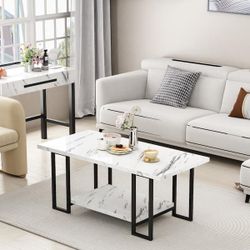 Coffee Table, Faux Marble Top Rectangular Coffee Table with Black Metal Frame, 2-Tier Storage Shelves Living Room Center Table for Living Room, Office