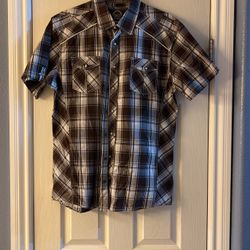 Men’s BKE Brown Plaid Collared Shirt Pearl Snaps Size Large 