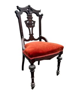 Antique Victorian Carved Wood Side Chair with Red Upholstery