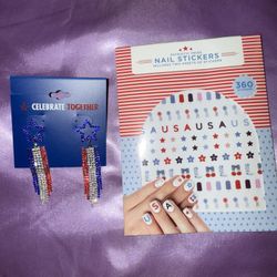 4Th Of July Dangling Earrings And Nail Stickers NEW