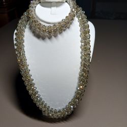 Pale Gray Crystal And Beaded Necklace And Bracelet Set