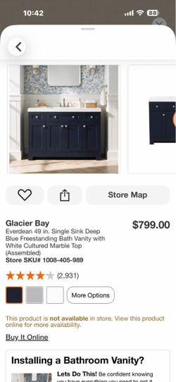 Glacier Bay Everdean 49 in. Single Sink Deep Blue Freestanding Bath Vanity with White Cultured Marble Top (Assembled)