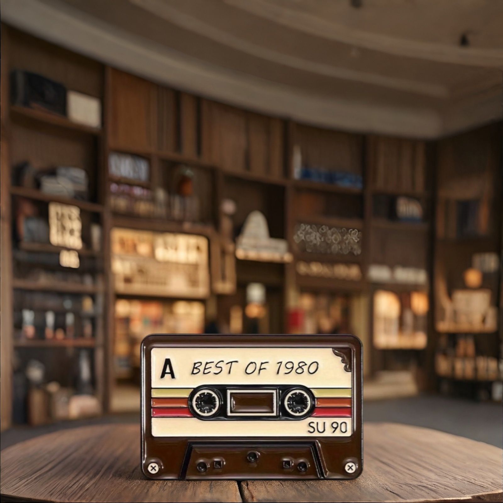 Vintage-style brown and white cassette tape pin button brooch