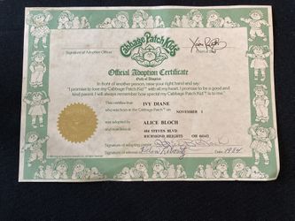 1983 Cabbage Patch Kids Certificate
