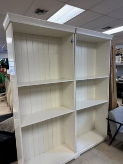 Pair of White Wood Bookcases with Beadboard Back