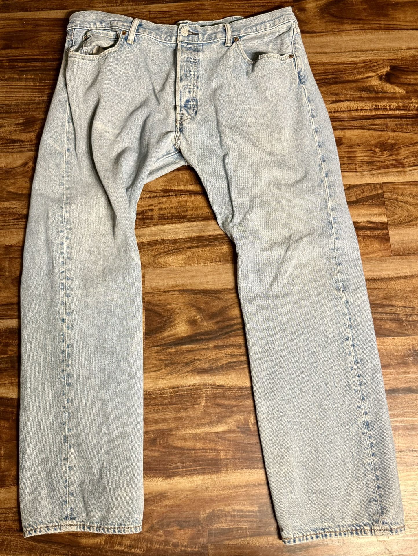 Levi Strauss VINTAGE 501 Button Fly blue faded denim men’s jeans.
