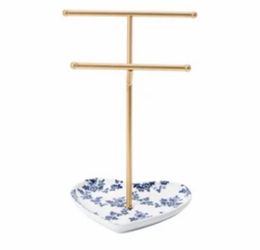 Heart Shaped Jewelry Holder Stand with Blue Floral Tray