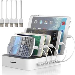 Charging Station for Multiple Devices, MSTJRY 5 Port Multi USB Charger Station with Power Switch Designed for iPhone iPad Cell Phone Tablets (White, 6