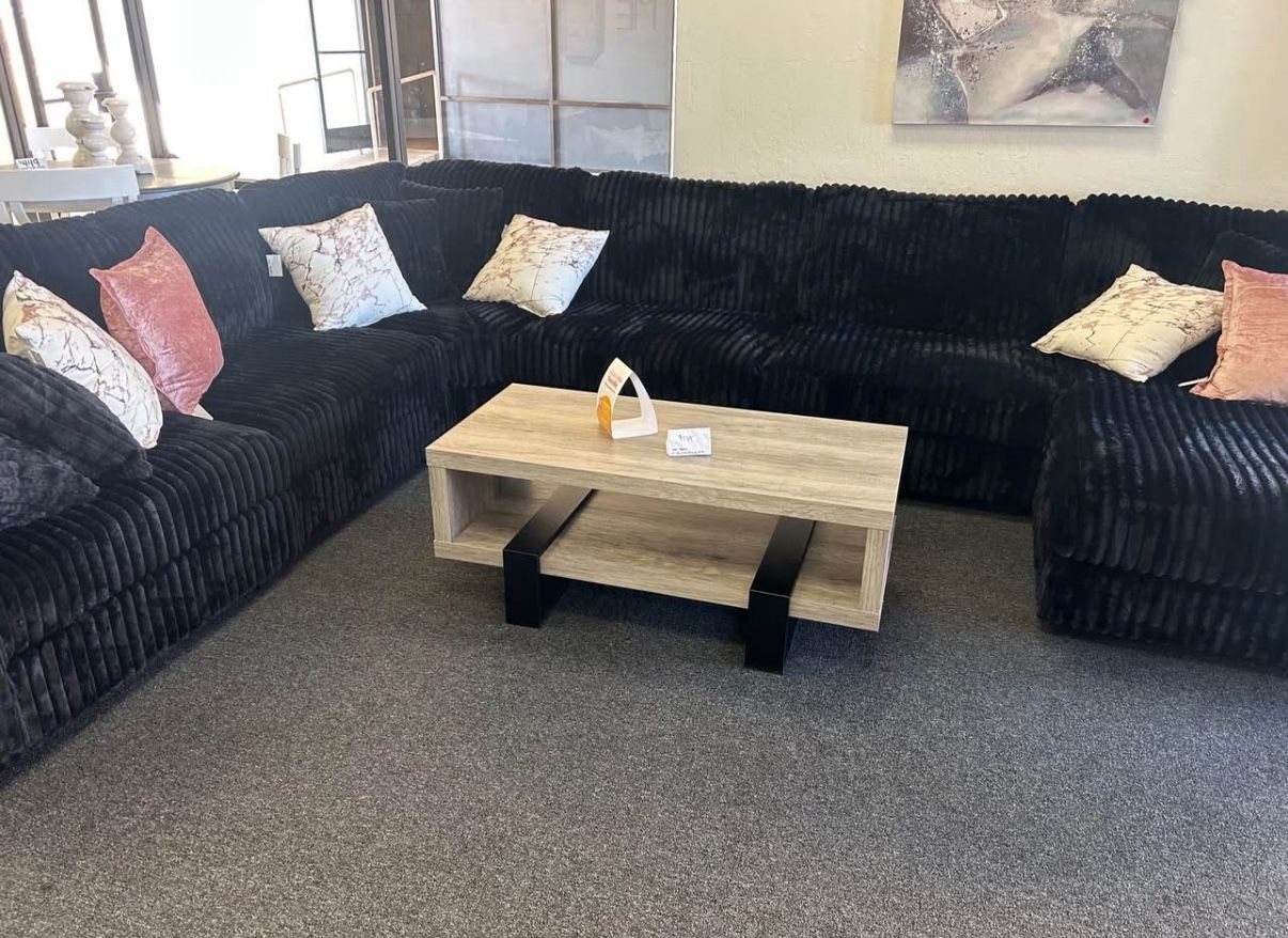 Sectional In Black Corduroy 