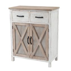 Farmhouse White and Natural Wood Storage Cabinet