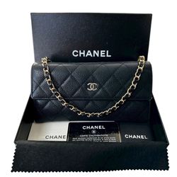 CHANEL Black Caviar Quilted Leather Classic Flap Long Wallet with Chain – Series