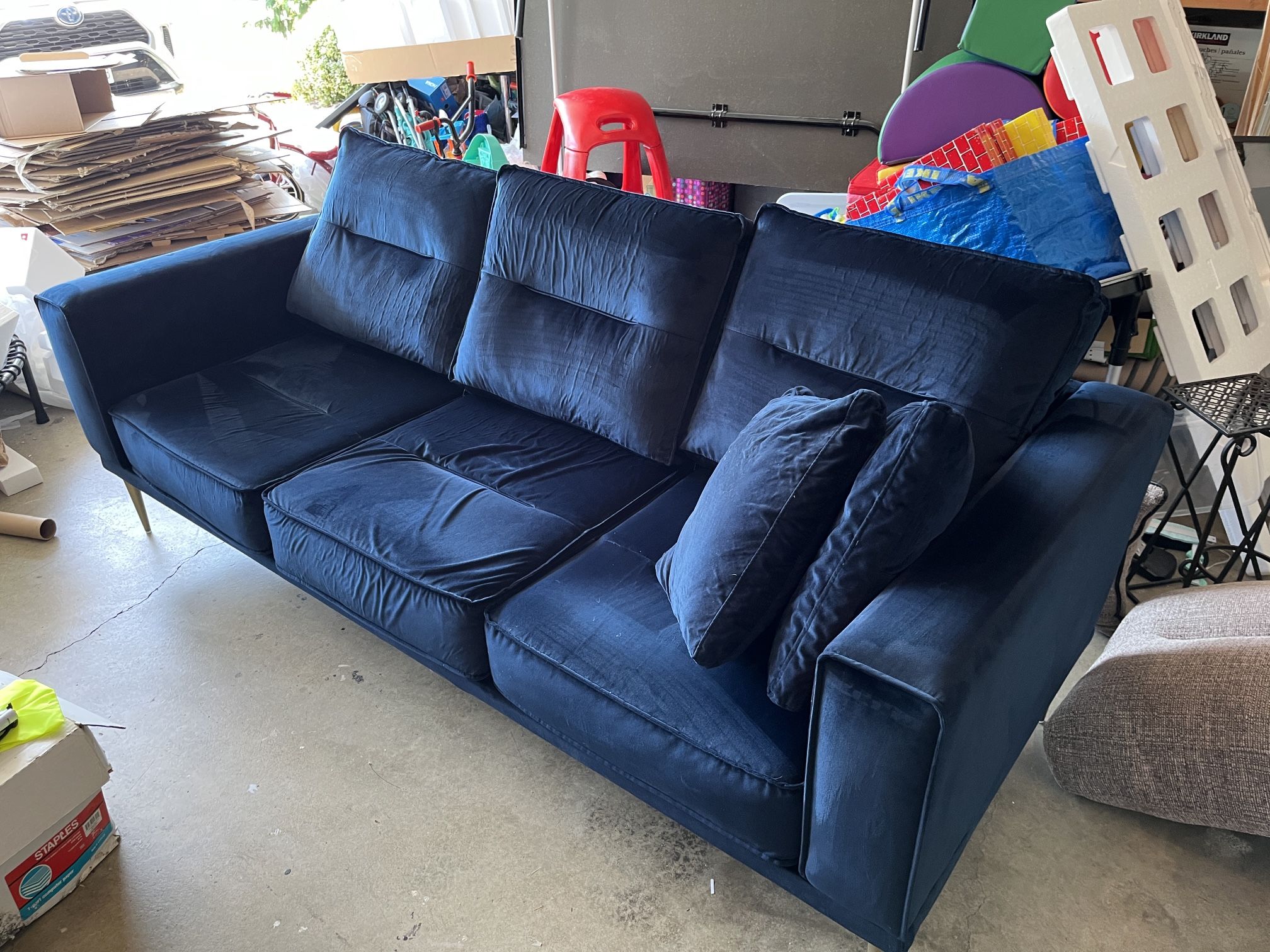 Navy Blue Velvet Three Seat Couch With Gold Legs