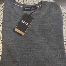 Brand New Gray Hugo Boss Knit Crew Neck Long Sleeves Men's Sweater. Size Medium