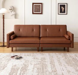 86.6" Mid Century Modern Tufted Leather Couch with Deep Seat and 2 Pillows, Cozy 3-Seater Upholstered Module Sofa with Square Arm and Solid Wood High
