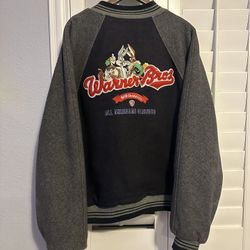 VTG RETRO 90s WARNER BROS LOONEY TUNES BLUE GREY WOOL JACKET SIZE XL