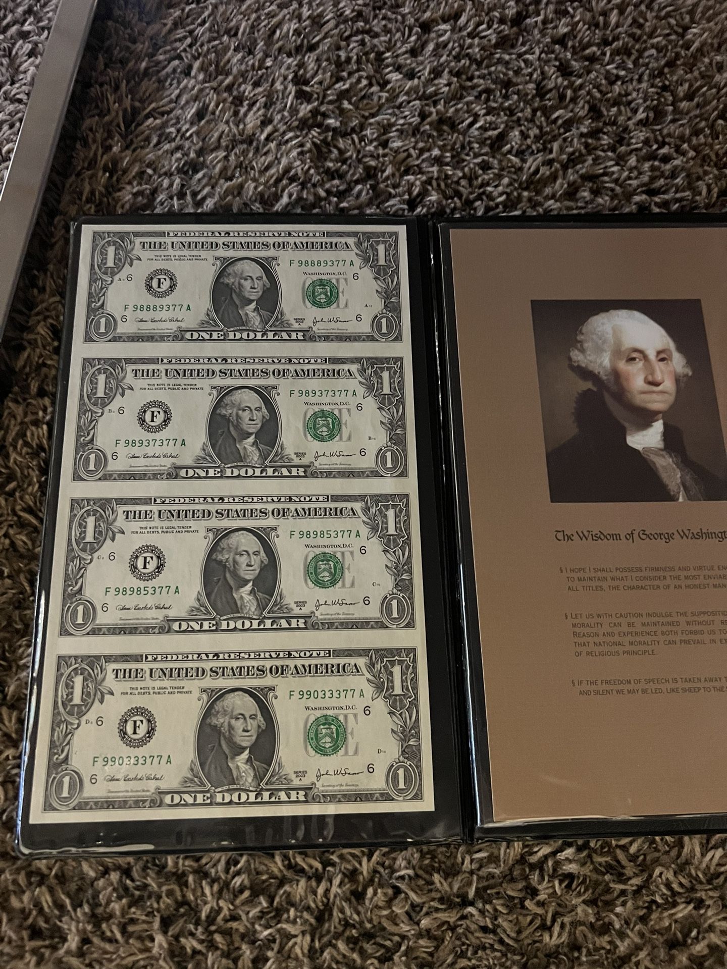 One Dollar Bill Green Seal Uncut (four Pieces in One Piece Of Paper)2003