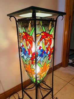 Tiffany Style Stained Glass Vintage Plant Stand Lamp with Marble Top